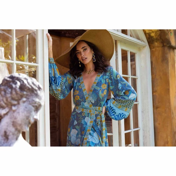 Nine Lives Bazaar Allure Maxi Wrap Dress Size 10 Blue Floral Boho Long Sleeve - Picture 3 of 16